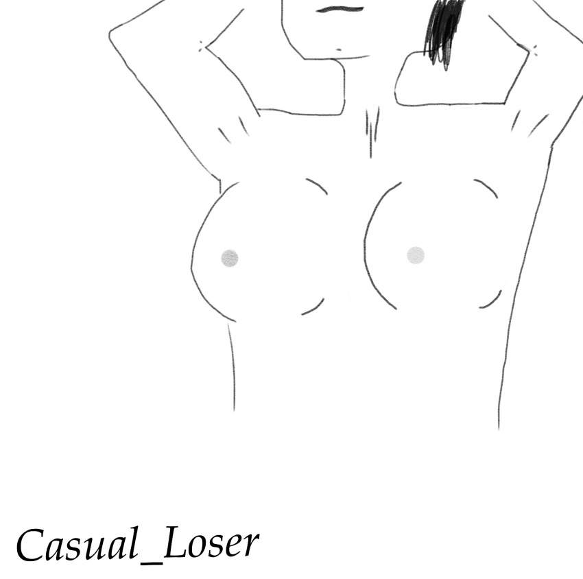 black_and_white breasts exposed_breasts female hair hands_behind_head hi_res human mammal monochrome nude rough_sketch short_hair smile solo upper_body webcomic