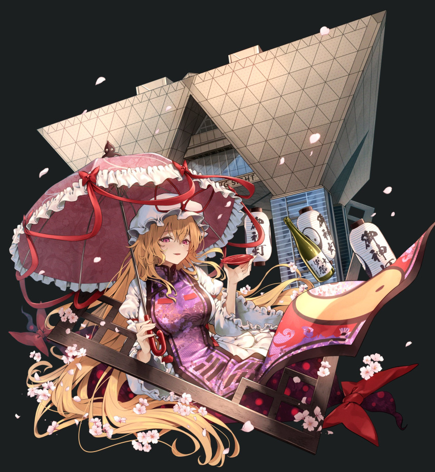 1girl black_background blonde_hair bottle bow breasts cup dress falling_petals flower greenkohgen highres holding long_hair parasol petals purple_eyes red_bow sakazuki sake_bottle solo tokyo_big_sight touhou umbrella very_long_hair white_dress white_flower yakumo_yukari