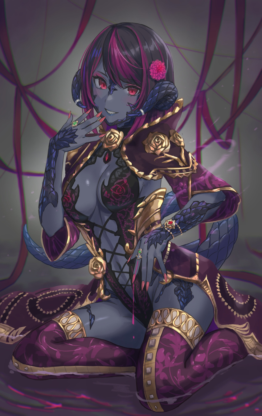 1girl absurdres au_ra avatar_(ff14) black_hair breasts cleavage colored_skin curled_horns enporion final_fantasy final_fantasy_xiv fingernails flower gold grey_skin grin hair_flower hair_ornament highres horns jewelry looking_at_viewer multicolored_hair purple_hair red_eyes ring scales sharp_fingernails sharp_teeth sitting smile solo streaked_hair tail teeth thighhighs