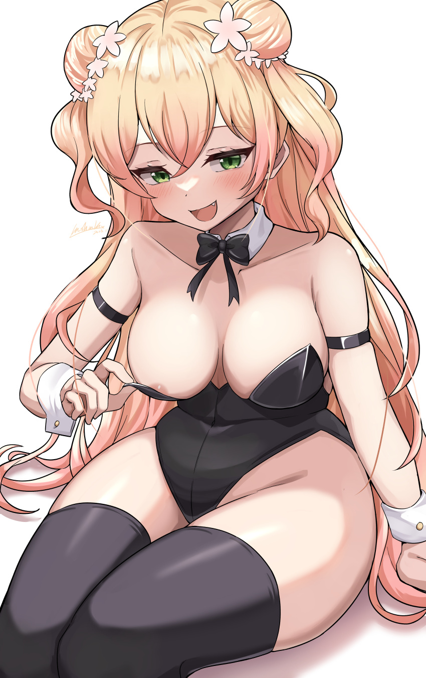 1girl absurdres areola_slip black_leotard black_thighhighs blonde_hair breasts cleavage collar commentary_request detached_collar double_bun fang flower green_eyes hair_bun hair_flower hair_ornament hashira_14 highres hololive large_breasts leotard long_hair looking_at_viewer momosuzu_nene open_mouth partial_commentary playboy_bunny smile solo thighhighs very_long_hair virtual_youtuber white_collar white_wrist_cuffs wrist_cuffs