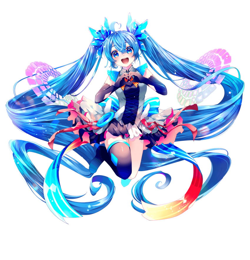 1girl :d absurdly_long_hair black_gloves black_thighhighs blue_eyes blue_hair blush elbow_gloves gloves hatsune_miku heart heart_hands highres long_hair looking_at_viewer open_mouth shirayuki_towa single_thighhigh skirt smile solo thighhighs twintails very_long_hair vocaloid white_background
