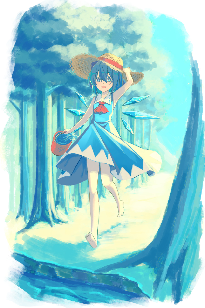 1girl adapted_costume ascot barefoot blue_dress blue_eyes blue_hair brown_headwear bucket cirno detached_wings dress fairy full_body hair_between_eyes hat highres holding holding_bucket ice ice_wings minuo open_mouth red_ascot short_hair sleeveless sleeveless_dress smile solo straw_hat touhou tree water wings