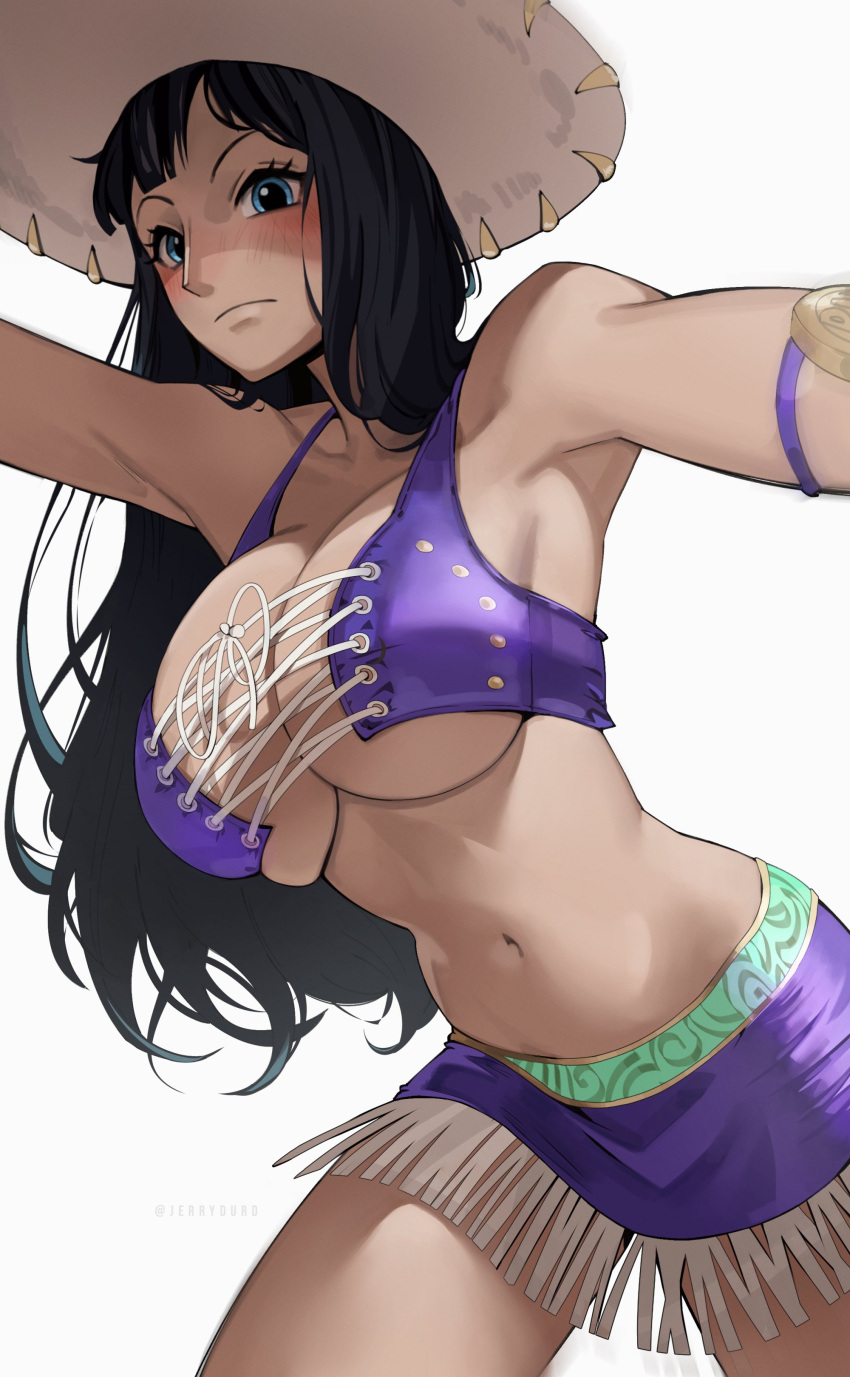 1girl absurdres armpits black_hair blue_eyes blush breasts cleavage closed_mouth commentary cowboy_shot crop_top cross-laced_clothes english_commentary eyelashes hat highres joy_boy large_breasts leaning_forward long_hair looking_at_viewer miniskirt navel nico_robin one_piece purple_skirt simple_background skirt solo standing stomach underboob white_background white_headwear