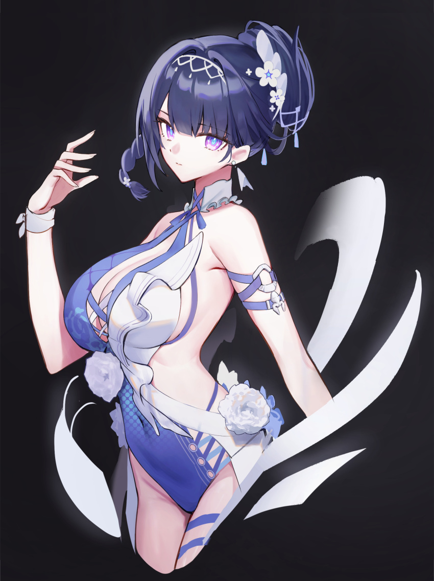 1girl @shuntarou absurdres black_background blue_pupils braid breasts closed_mouth covered_navel cowboy_shot flower from_side hair_bun hair_flower hair_ornament highres honkai_(series) honkai_impact_3rd large_breasts long_hair looking_at_viewer looking_to_the_side o-ring_arm_strap official_alternate_costume one-piece_swimsuit purple_eyes purple_hair purple_one-piece_swimsuit raiden_mei raiden_mei_(herrscher_of_origin) simple_background single_braid solo swimsuit white_flower white_wristband