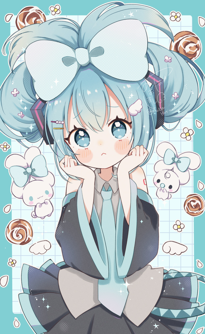 1girl :&lt; absurdres aobahosino bare_shoulders belt black_skirt black_sleeves blue_border blue_bow blue_eyes blue_hair blue_necktie blush_stickers border bow cinnamiku cinnamon_roll closed_mouth collared_shirt cowboy_shot detached_sleeves grey_shirt hair_between_eyes hair_bow hair_ornament hairclip hands_framing_own_cheeks hatsune_miku head_tilt headset highres long_sleeves looking_at_viewer loose_belt necktie number_tattoo outside_border pleated_skirt pout shirt short_hair simple_background skirt sleeveless sleeveless_shirt solo tattoo updo vocaloid white_background