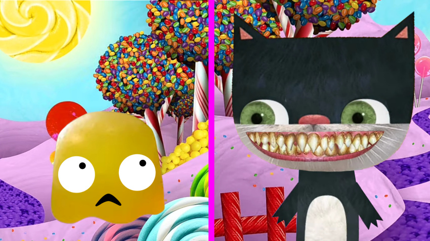 16:9 ambiguous_gender animan_studios anthro black_body black_fur candy candy_hole candy_sun candy_tree dessert digital_media_(artwork) domestic_cat duo felid feline felis food food_creature frownhouse fur green_eyes hi_res imminent_death kitty_(candy_hole) kugel_its_just living_candy looking_at_another male mammal nightmare_fuel photo_collage scared white_snout widescreen yellow_body yellow_teeth