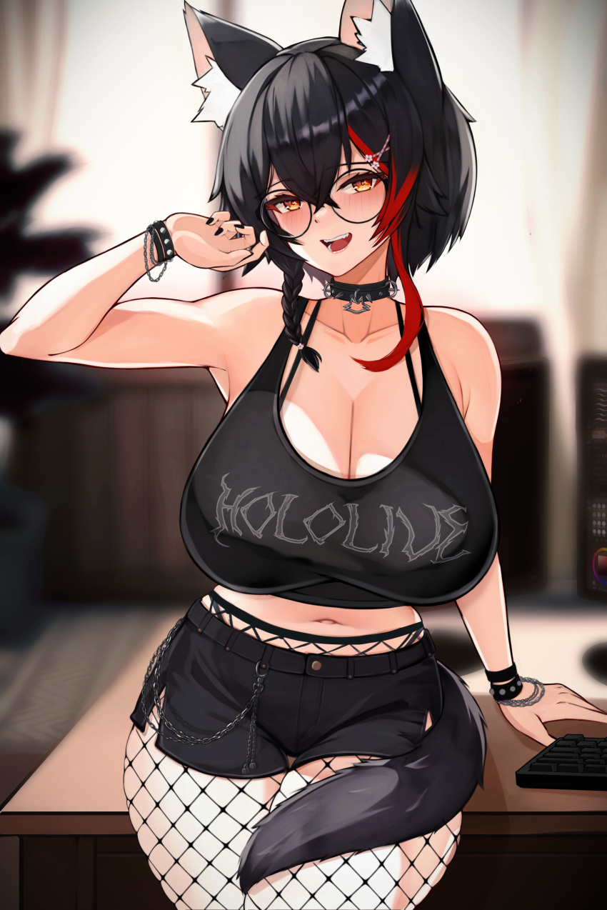 1girl :d absurdres animal_ears black_choker black_hair black_nails black_shirt black_shorts blurry blurry_background blush bracelet breasts brown_eyes choker cleavage clothes_writing crop_top fishnet_pantyhose fishnets glasses hair_between_eyes highres hololive huge_breasts indoors jewelry looking_at_viewer multicolored_hair navel ookami_mio pantyhose red_hair round_eyewear shirt short_shorts shorts smile solo streaked_hair tail varniskarnis virtual_youtuber wolf_ears wolf_tail