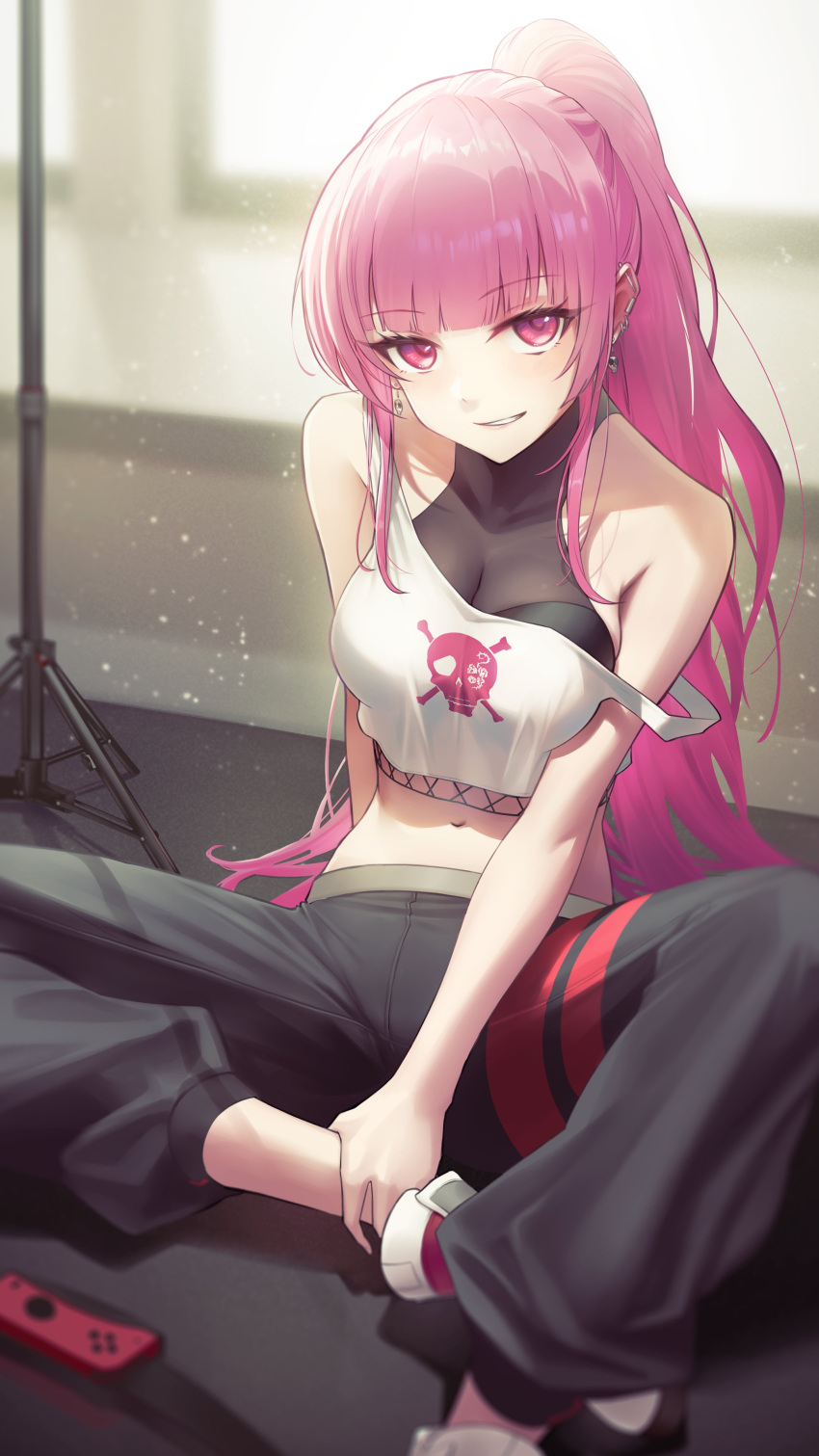 1girl absurdres bare_shoulders black_pants breasts crop_top earrings high_ponytail highres hololive hololive_english jewelry joy-con large_breasts light_particles long_hair looking_at_viewer mori_calliope mori_calliope_(streetwear) official_alternate_costume official_alternate_hairstyle pants pink_eyes pink_hair sitting skull_earrings solo somebody_(leiking00) strap_slip tank_top very_long_hair virtual_youtuber white_tank_top