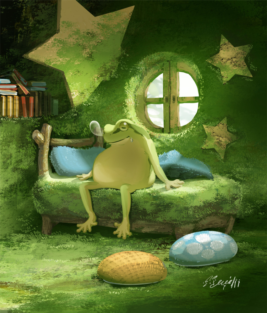 bed book fantasy frog hachiya_shohei highres indoors moss no_humans nose_bubble original pillow scenery sleeping sleeping_upright star_(symbol) window