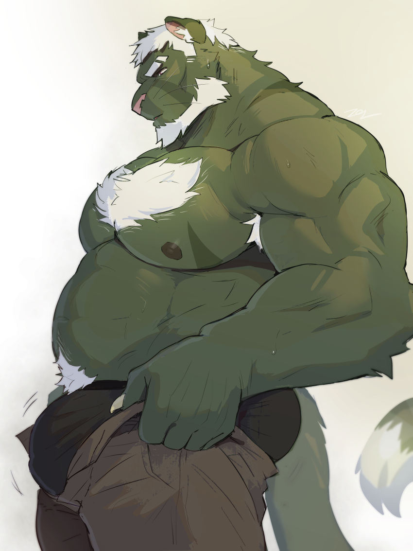 2023 3:4 absurd_res age_difference anthro armpit_hair beard belly big_bulge body_hair bottomwear bottomwear_down bulge butt chest_hair clothed clothing clothing_pull facial_hair felid fur green_body green_fur hair hi_res male mammal meme meme_clothing muscular muscular_anthro muscular_male nipples overweight overweight_male pantherine pants pants_down partially_clothed pecs portrait pulling_up_pants side_view sollyz solo three-quarter_portrait tight_pants_(meme) underwear wediz_(sollyz) white_hair younger_male