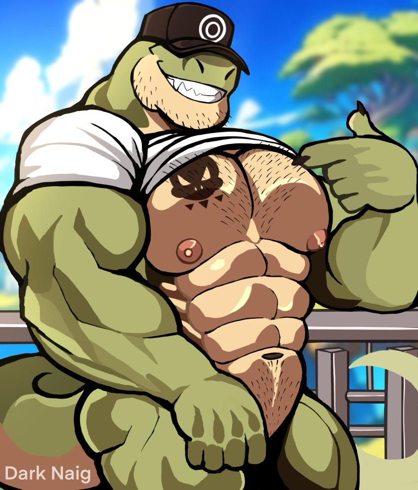 abs absurd_res anthro big_muscles body_hair chest_hair claws clothed clothing clothing_lift darknaigart dinosaur gesture green_body hat headgear headwear hi_res jace_(darknaig) male muscular muscular_anthro muscular_male nipples obscured_eyes pecs pointing raised_clothing raised_shirt raised_topwear reptile scalie shaved shirt shirt_lift smile solo tattoo teeth theropod topwear tyrannosaurid tyrannosaurus tyrannosaurus_rex