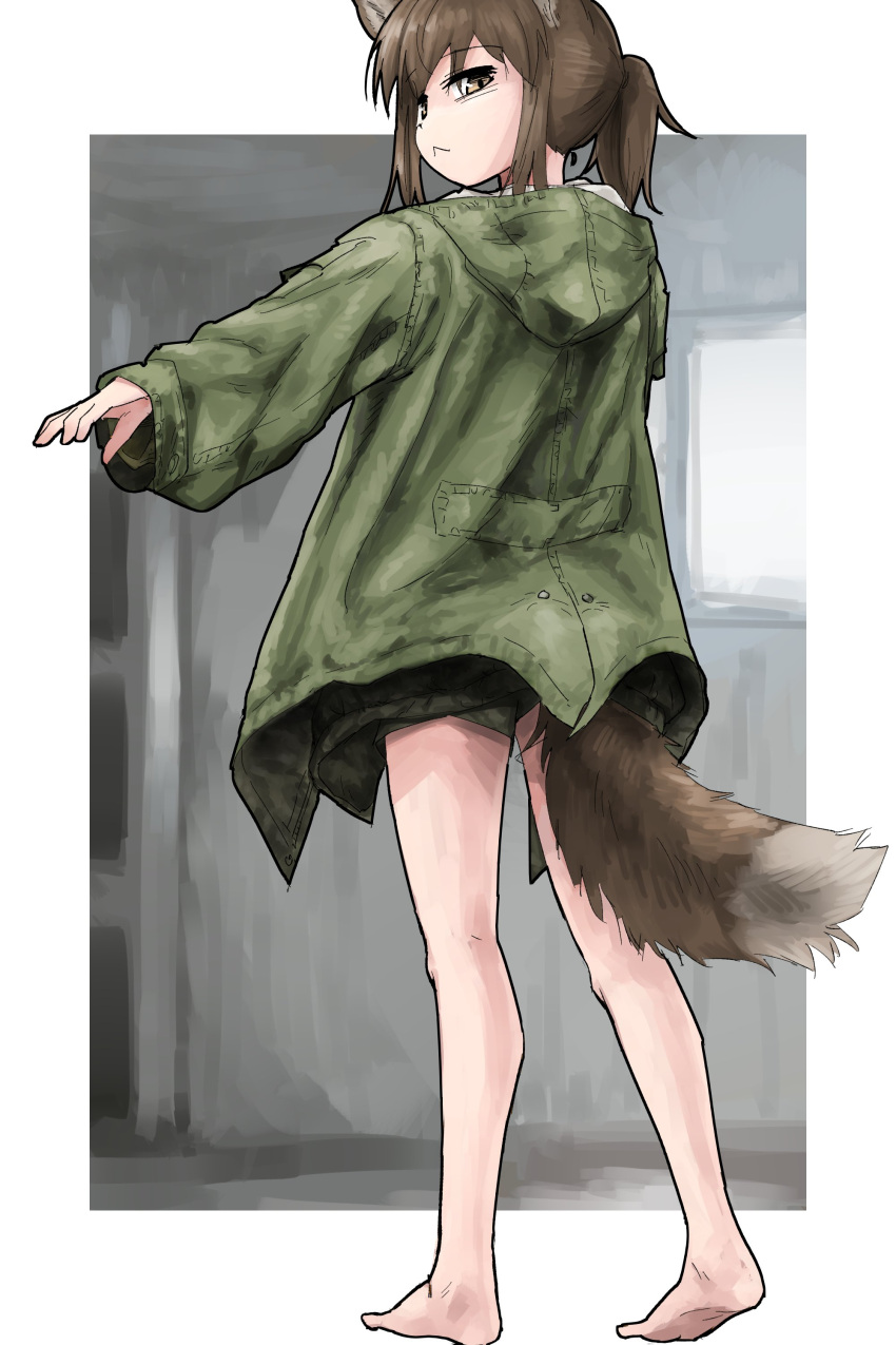 1girl :&lt; absurdres animal_ear_fluff animal_ears barefoot brown_eyes brown_hair closed_mouth commentary_request green_jacket green_shorts highres hood hood_down hooded_jacket jacket long_sleeves looking_at_viewer looking_back open_clothes open_jacket original outstretched_arm puffy_long_sleeves puffy_sleeves short_shorts shorts soles solo standing tail window yihan_world