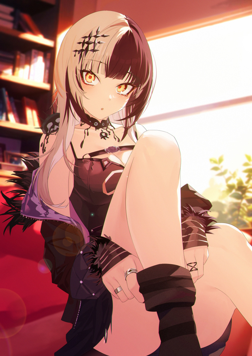 1girl :o absurdres bare_legs black_hair black_socks bookshelf breasts chest_belt cleavage hair_ornament highres hololive hololive_english indoors jacket jewelry jiang_ye_kiri large_breasts long_hair looking_at_viewer multicolored_hair off_shoulder parted_lips ring shiori_novella sitting socks solo split-color_hair thighs two-tone_hair virtual_youtuber white_hair window yellow_eyes yorick_(shiori_novella)