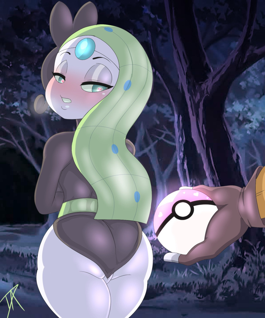 barely_visible_genitalia barely_visible_pussy blush butt clothing dalley-the-alpha female generation_5_pokemon genitals gloves handwear hi_res human legendary_pokemon mammal meloetta nintendo not_furry plant pokeball pokemon pokemon_(species) pussy tree white_body