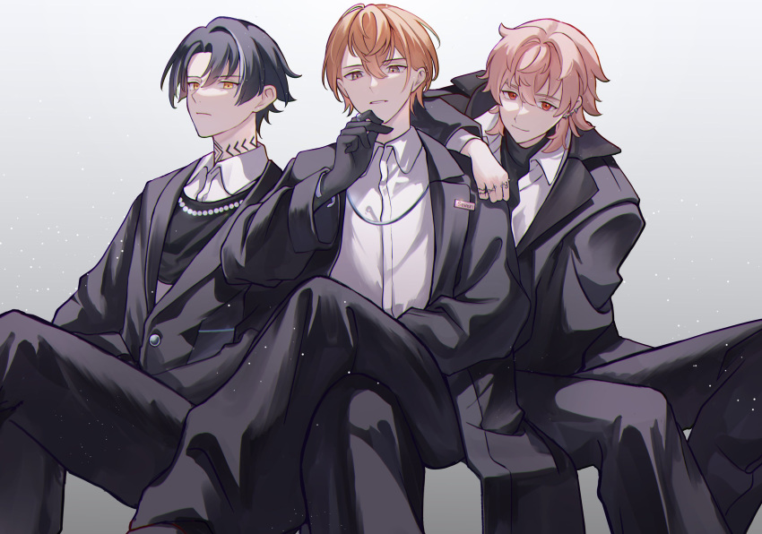 1nm8_(paradox_live) 3boys black_hair closed_mouth earrings grey_background grey_hair highres itsuki_(paradox_live) jewelry looking_at_viewer male_focus miya_(38magical) miyama_kei multicolored_hair multiple_boys multiple_earrings official_alternate_costume orange_eyes orange_hair paradox_live pink_hair red_eyes rokuta_(paradox_live) short_hair smile
