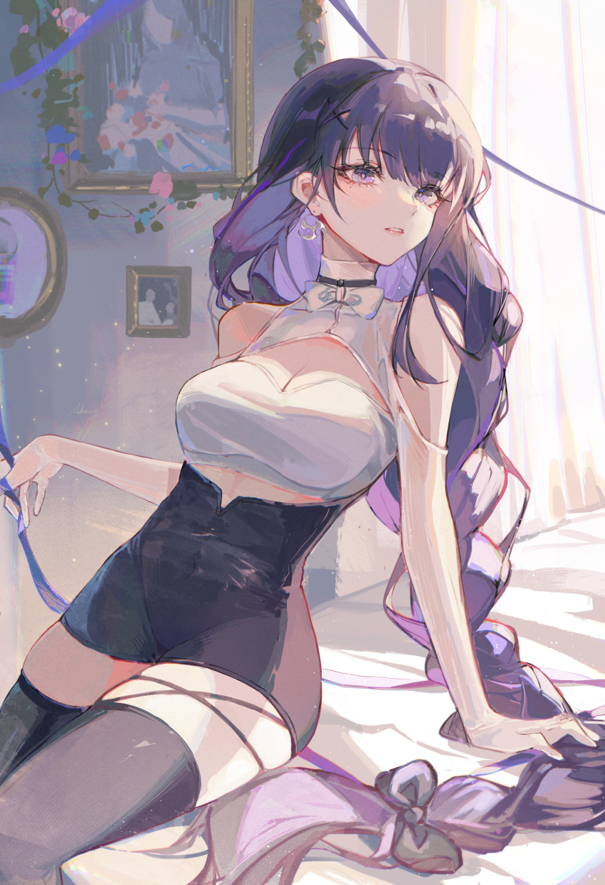 1girl absurdres alternate_costume arm_support bare_shoulders black_bow black_skirt black_thighhighs bow breasts cleavage genshin_impact hair_bow high-waist_skirt highres indoors large_breasts long_braid long_hair pencil_skirt purple_eyes purple_hair raiden_shogun skirt solo thighhighs thighs very_long_hair yutou_(yutou75)