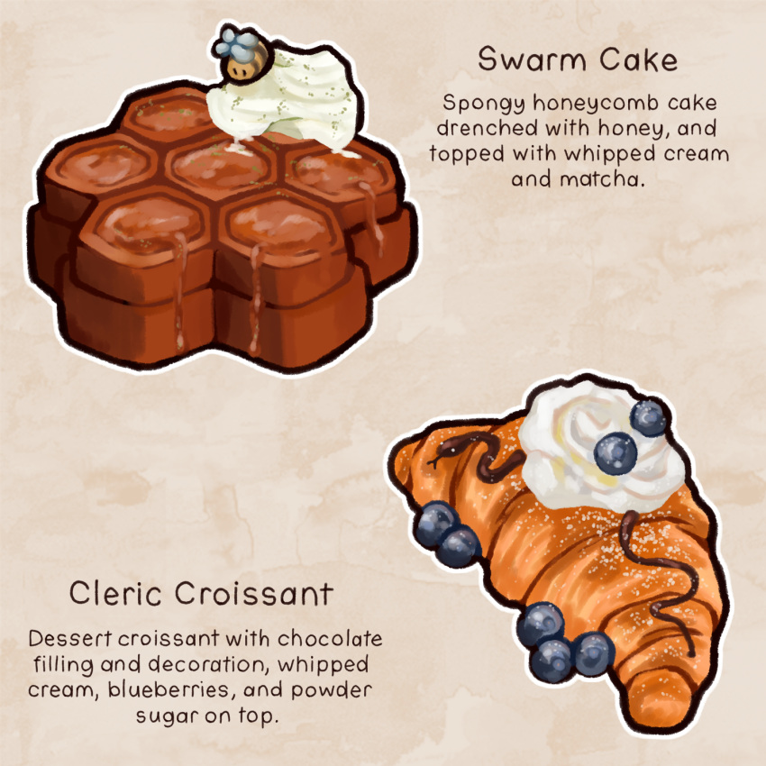 bee blueberry bug cake commentary cream croissant english_commentary english_text food food_focus fruit highres no_humans original outline snake websmunks white_outline