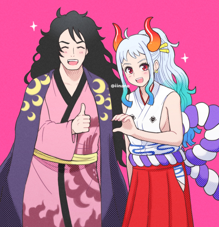1boy 1girl artist_name blush closed_eyes earrings highres horns i! japanese_clothes jewelry long_hair looking_at_viewer momonosuke_kozuki multicolored_hair one_piece oni oni_horns open_mouth pink_background smile thumbs_up yamato_(one_piece)