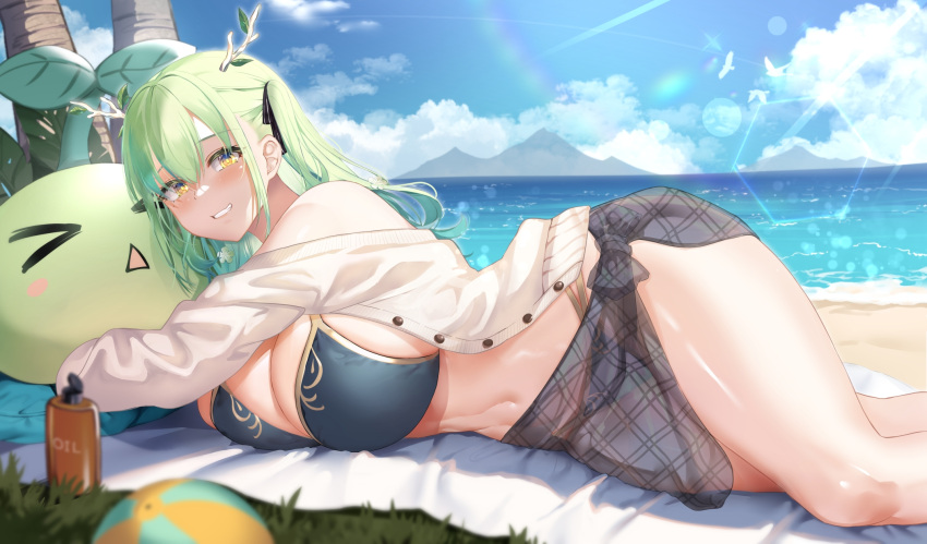 &gt;_&lt; 1girl antlers beach beach_towel bikini bird black_bikini blue_sky blush bottle breasts cardigan ceres_fauna cleavage cloud day grass green_hair grin hair_between_eyes hair_ribbon highres hololive hololive_english large_breasts leaf looking_at_viewer lotion lying mixed-language_commentary mountainous_horizon navel ocean on_side outdoors palm_tree ribbon sarong seagull see-through sky smile solo sunscreen swimsuit thighs tnolize towel tree white_bird white_cardigan