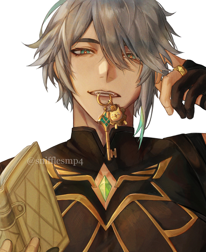 1boy absurdres alhaitham_(genshin_impact) aqua_eyes aqua_hair black_bridal_gauntlets black_shirt book genshin_impact grey_hair highres holding holding_book jewelry key key_in_mouth looking_at_viewer male_focus multicolored_eyes multicolored_hair red_eyes ring shirt short_hair smile snifflesmp4 solo teeth yellow_eyes