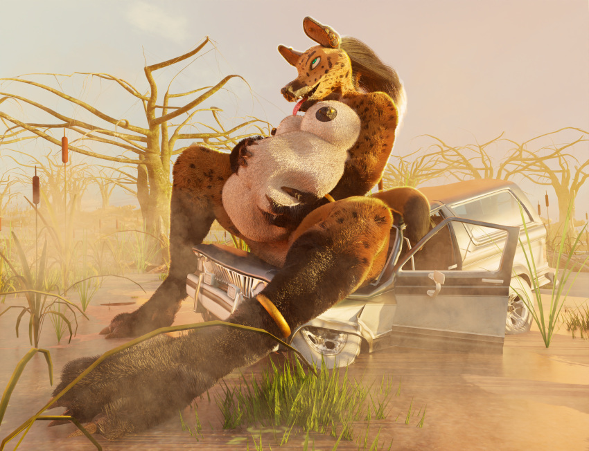 3d_(artwork) anthro belly big_belly big_breasts blender_cycles breasts canid canine crush destruction digital_media_(artwork) female hi_res hyena macro mammal muscular muscular_female nipples nude parovozik smile solo swamp vehicle vore