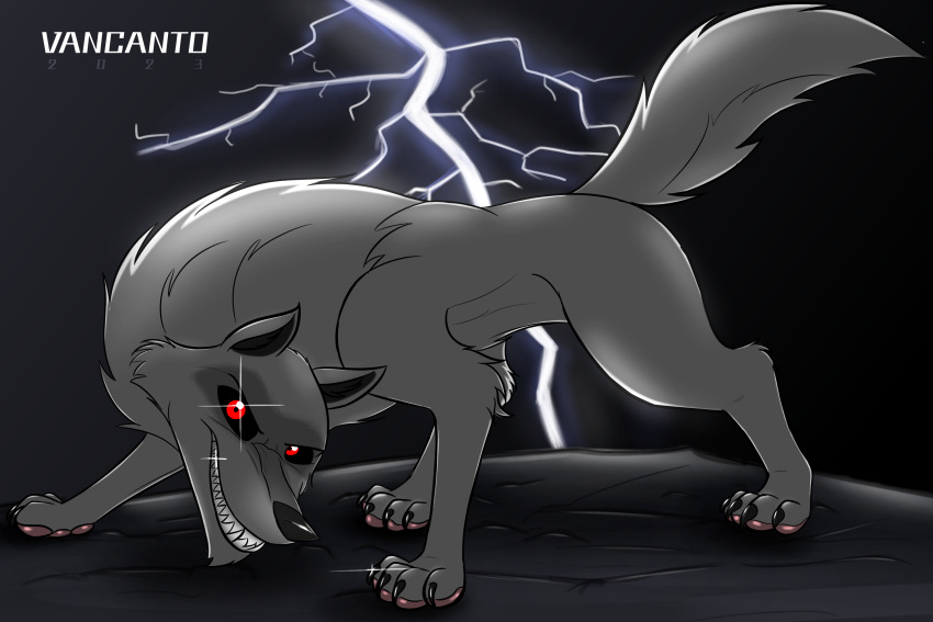 canid canine canis death_(puss_in_boots) electricity feral grin hi_res lightning looking_at_viewer male mammal puss_in_boots_(film) puss_in_boots_the_last_wish raised_tail red_eyes smile tail vancanto wolf