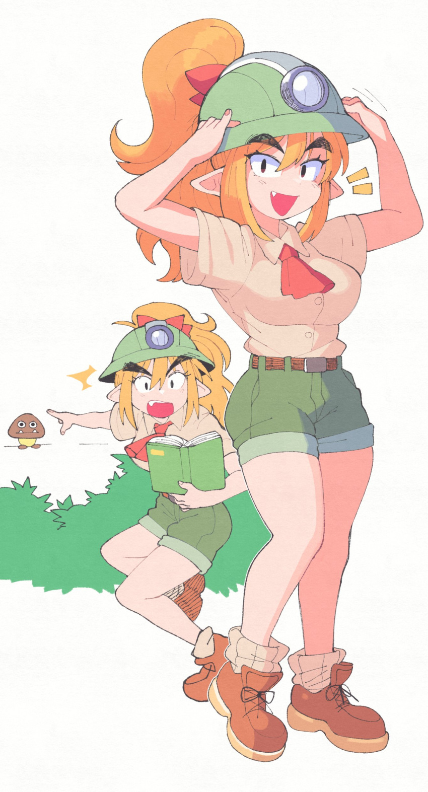 1girl absurdres belt_buckle blonde_hair blush book brown_footwear buckle english_commentary fang fangs fangs_out goomba goombella green_shorts hard_hat hat headlamp helmet highres inkerton-kun long_hair mario_(series) mining_helmet open_mouth overalls paper_mario paper_mario:_the_thousand_year_door pointy_ears ponytail shirt shoes shorts simple_background smile striped striped_headwear thick_eyebrows