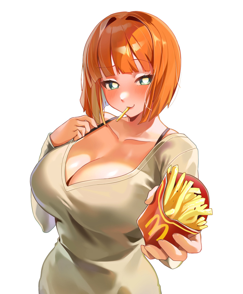 1girl absurdres black_bra blue_eyes blunt_bangs blush bra breasts cleavage collarbone eating food french_fries grey_shirt highres holding holding_food large_breasts light_smile long_sleeves looking_at_viewer machulanko mcdonald's mother_(yoru_mac) orange_hair raised_eyebrow shirt short_hair simple_background solo strap sweater underwear upper_body white_background yoru_mac