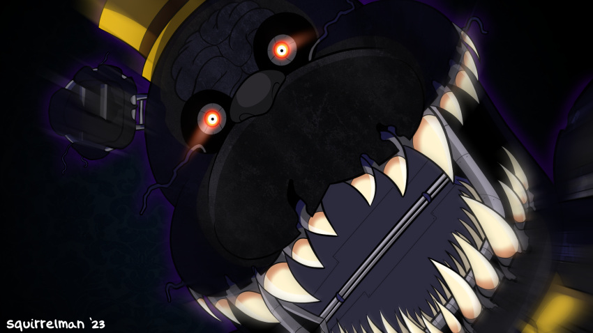 animatronic anthro attack bared_teeth bear bite black_body black_fur black_nose blurred_character bow_tie brain clothing digital_media_(artwork) five_nights_at_freddy's five_nights_at_freddy's_4 fur glowing glowing_body glowing_eyes hat headgear headwear hi_res jaws jumpscare looking_at_viewer machine male mammal metal nightmare_(fnaf) open_mouth organs overweight overweight_male red_eyes robot rotting scary scottgames sharp_teeth simple_background solo squirrelman teeth top_hat topwear translucent translucent_body vore wire withered