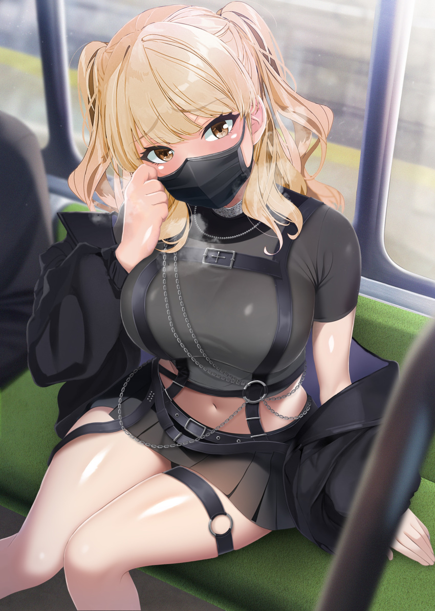 1girl absurdres black_jacket black_mask black_panties black_shirt black_skirt blonde_hair breasts breath brown_eyes chain chest_harness commission crop_top cropped_shirt gegegeteikoku harness highres jacket large_breasts leather_belt long_hair looking_at_viewer mask miniskirt mouth_mask navel nijisanji o-ring o-ring_thigh_strap official_alternate_costume official_alternate_hairstyle open_clothes open_jacket panties pleated_skirt shirt short_sleeves silver_choker sister_cleaire sister_cleaire_(9th_costume) sitting skeb_commission skirt solo_focus thigh_strap thighs train_interior two_side_up underwear virtual_youtuber window
