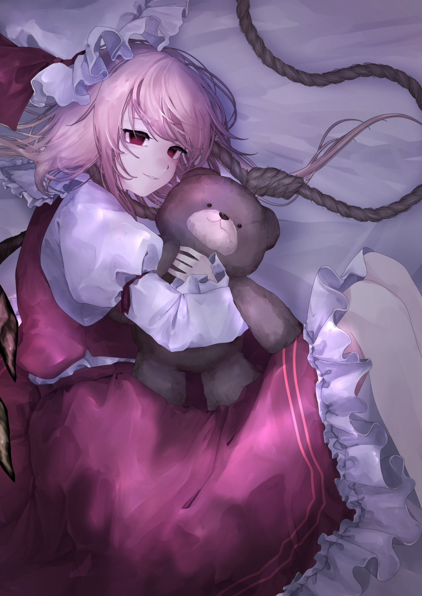 1girl bear bed bed_sheet blonde_hair collared_shirt empty_eyes false_smile flandre_scarlet frilled_hat frilled_shirt frilled_shirt_collar frilled_skirt frilled_sleeves frills gem hat hat_ribbon highres hug hugging_doll hugging_object jewelry juliet_sleeves knot long_skirt long_sleeves medium_hair on_bed ponytail puffy_long_sleeves puffy_sleeves red_eyes red_gemstone red_ribbon red_skirt red_vest ribbon rope rope_around_neck rust shirt side_ponytail skirt sleeves_past_wrists smile stuffed_animal stuffed_toy suicide t_terano teddy_bear teeth touhou vampire vest white_headwear white_shirt wings yellow_gemstone