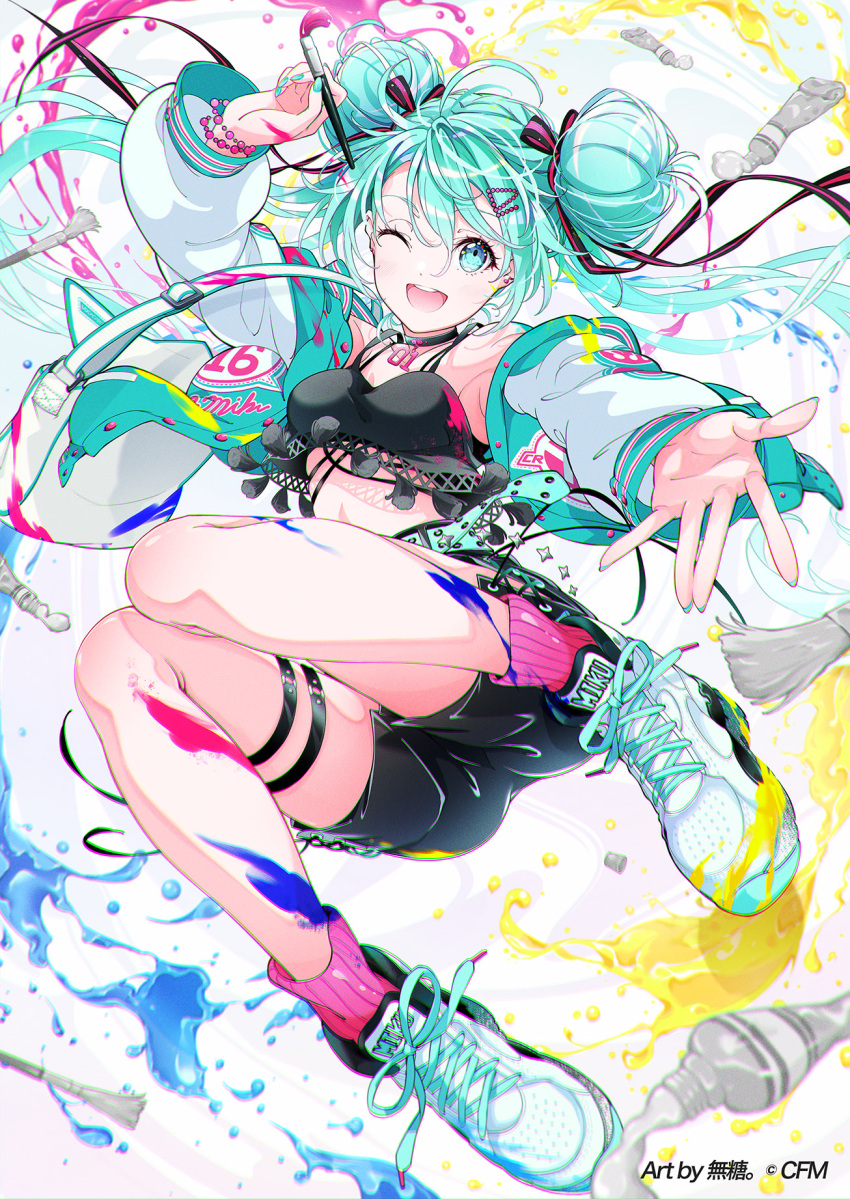 1girl ahoge aqua_eyes aqua_hair aqua_nails artist_name black_choker black_shirt black_shorts breasts choker commentary_request cropped_shirt double_bun full_body green_jacket hair_bun hair_ornament hatsune_miku highres holding holding_brush jacket kae610_oekaki long_hair long_sleeves medium_breasts musical_note_earrings off_shoulder official_art one_eye_closed open_clothes open_jacket open_mouth pink_socks reaching reaching_towards_viewer shirt shoes shorts smile sneakers socks solo thigh_strap twintails vocaloid white_footwear white_jacket