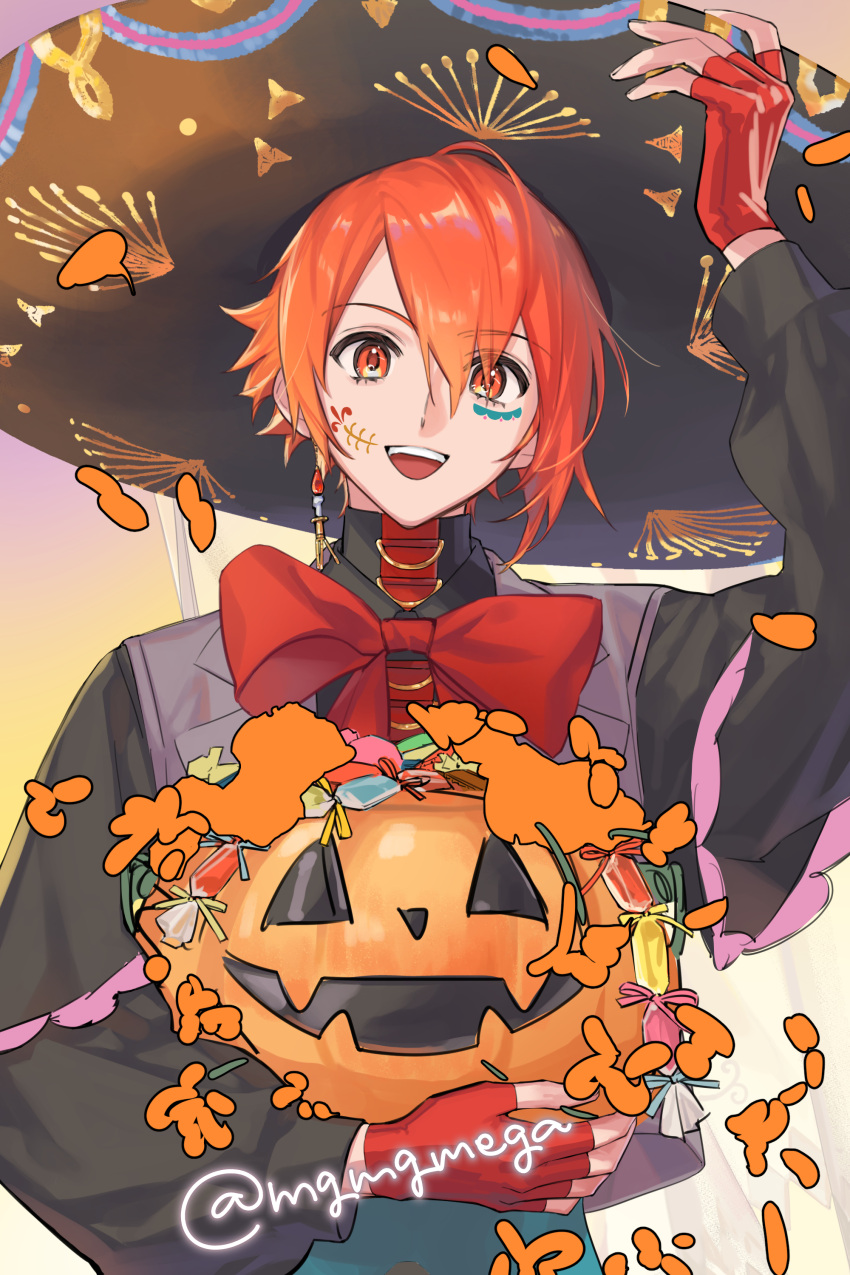 1boy absurdres black_headwear black_jacket bow facial_mark fingerless_gloves gloves hat highres idolish7 jack-o'-lantern jacket male_focus mgmgmega nanase_riku official_alternate_costume open_mouth red_bow red_eyes red_gloves red_hair short_hair smile solo sombrero teeth