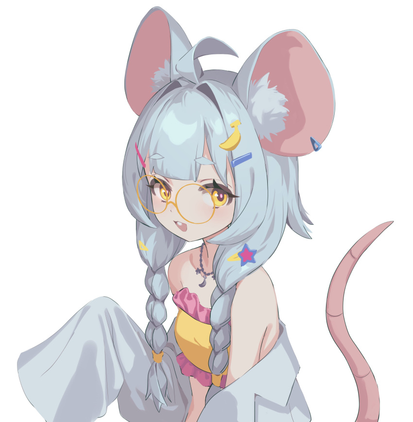 1girl absurdres ahoge animal_ears banana_hair_ornament braid buck_teeth commentary ellu food-themed_hair_ornament grey_hair hair_ornament hairclip highres hikimayu jacket jewelry long_hair mouse_ears mouse_girl mouse_tail necklace open_clothes open_jacket open_mouth original simple_background sleeves_past_wrists solo symbol-only_commentary tail teeth twin_braids white_background white_jacket yellow_eyes