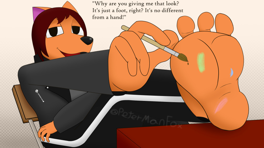 2023 4_fingers 4_toes absurd_res anthro barefoot biped black_clothing black_pupils brush canid canine chair clothing dialogue digital_drawing_(artwork) digital_media_(artwork) english_text feet fingers foot_fetish foot_focus foot_on_table foreshortening fox fur furniture hair half-closed_eyes hi_res jacket leaning leaning_back leather leather_clothing leather_jacket leather_topwear long_hair looking_at_viewer male mammal narrowed_eyes on_chair open_mouth orange_body orange_fur paint_on_self paintbrush peter_(peter_man_fox) peter_man_fox pupils red_hair shaded simple_background sitting sitting_on_chair soles solo talking_to_viewer text toes topwear watermark