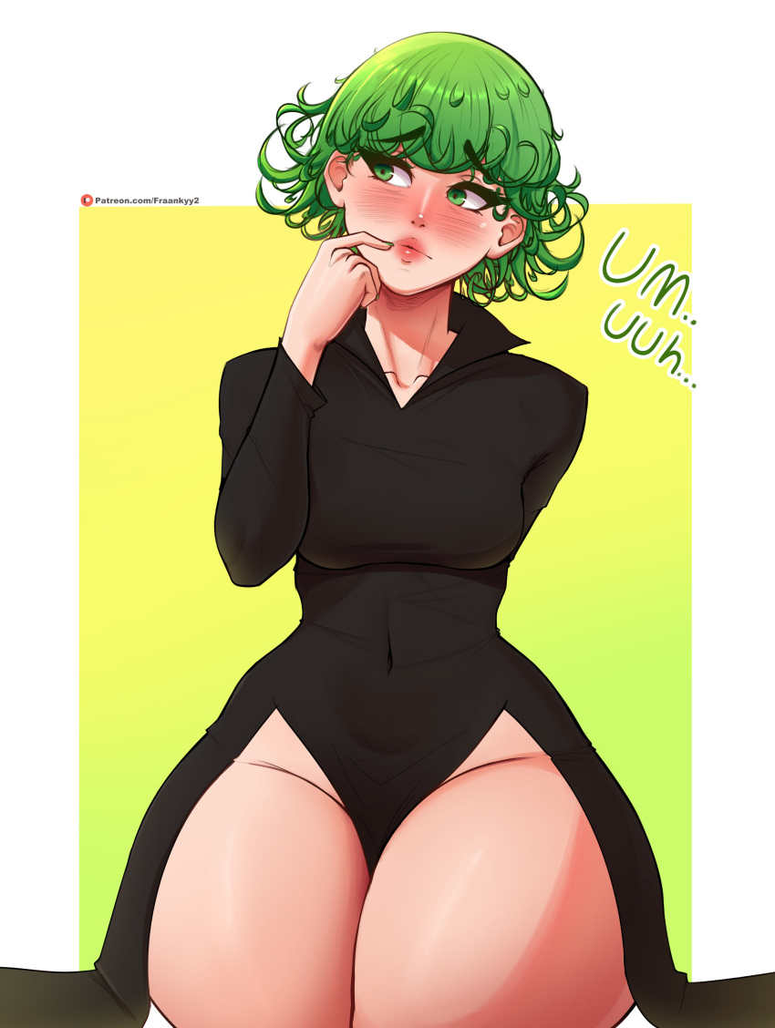 1girl absurdres blush breasts dress fraankyy green_eyes green_hair highres lipstick looking_away makeup midriff one-punch_man open_clothes open_dress short_hair shy solo tatsumaki thick_thighs thighhighs thighs thinking tight tight_dress wide_hips