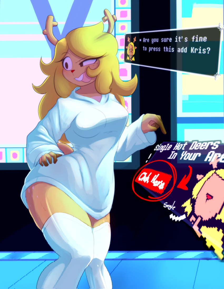 anthro antlers blonde_hair breasts brown_body brown_fur buckteeth capreoline clothed clothing deer deltarune dialogue female fully_clothed fur hair hand_on_hip hi_res horn legwear mammal mojiuwu noelle_holiday open_mouth pop-up red_nose reindeer solo stockings teeth text_box undertale_(series)