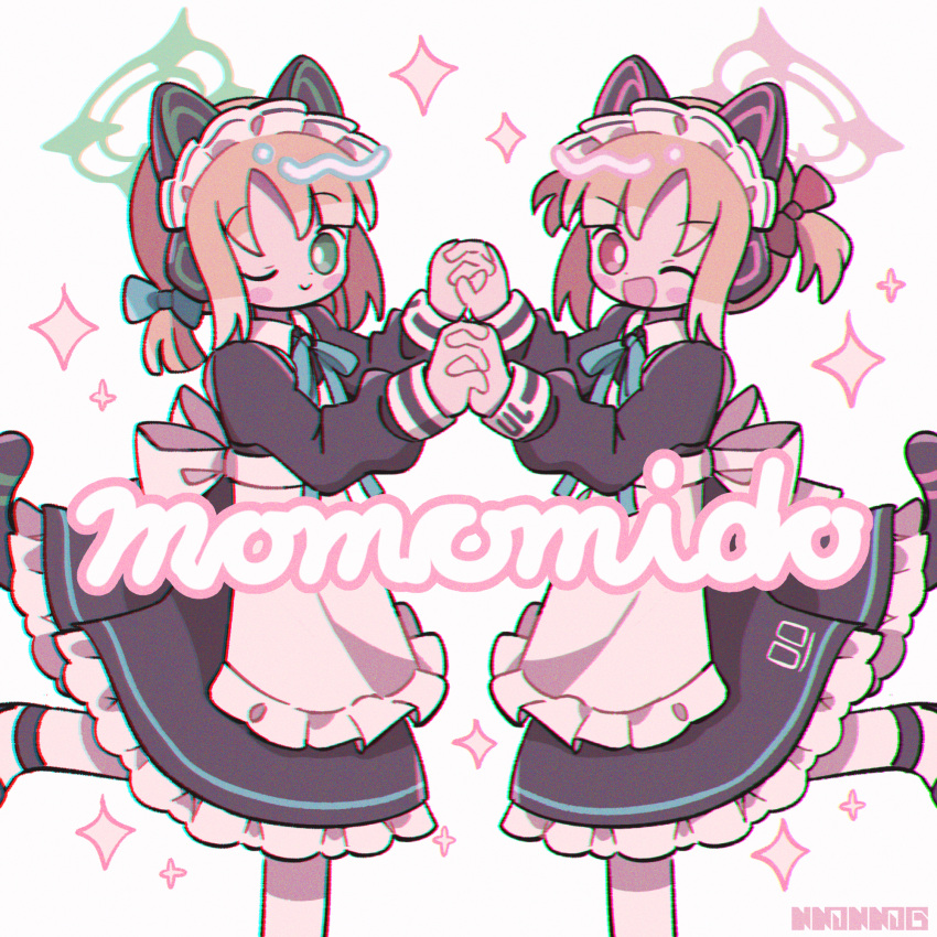 2girls ;) ;d animal_ear_headphones animal_ears apron black_dress blonde_hair blue_archive blue_bow blush_stickers bow closed_mouth collared_dress commentary dress fake_animal_ears feet_out_of_frame frilled_apron frills grey_background hair_bow halo headphones highres holding_hands koru_koruno long_sleeves maid maid_headdress midori_(blue_archive) midori_(maid)_(blue_archive) momoi_(blue_archive) momoi_(maid)_(blue_archive) multiple_girls one_eye_closed pantyhose puffy_long_sleeves puffy_sleeves red_bow siblings simple_background sisters smile standing standing_on_one_leg twins twintails white_apron white_pantyhose