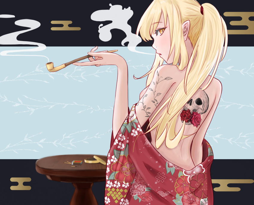 1girl absurdres arm_tattoo back_tattoo bakemonogatari bare_back blonde_hair commentary_request convenient_arm floral_print from_behind hand_up highres holding holding_smoking_pipe japanese_clothes kimono kiseru kiss-shot_acerola-orion_heart-under-blade long_hair looking_at_viewer looking_back monogatari_(series) oshino_shinobu parted_lips ponytail red_kimono runyo_(yale12312) smoke smoking_pipe solo table tattoo upper_body yellow_eyes