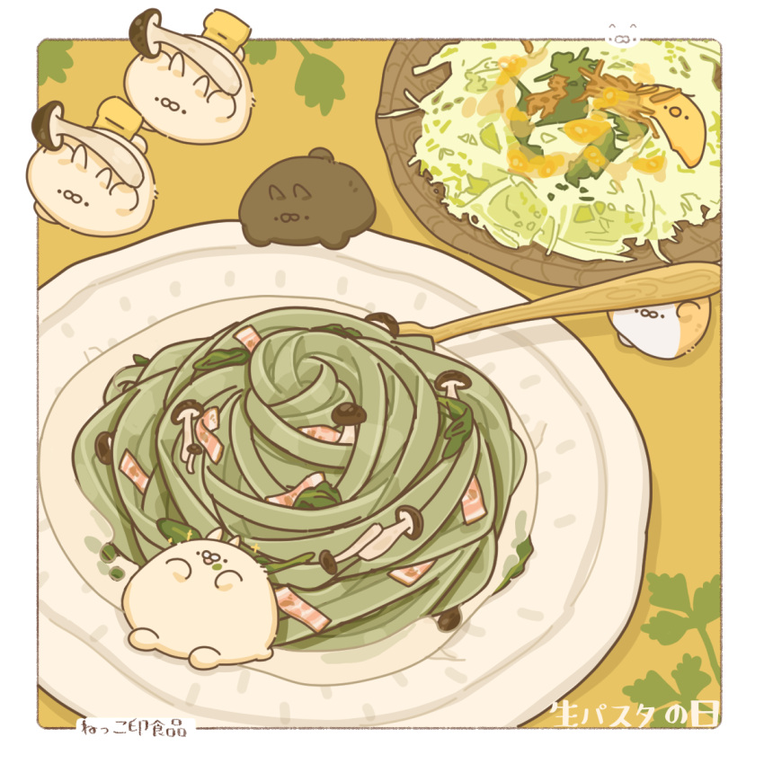 border cabbage cat food food_focus hennekko highres leaf meat mushroom no_humans original pasta plate shadow spaghetti spoon white_border