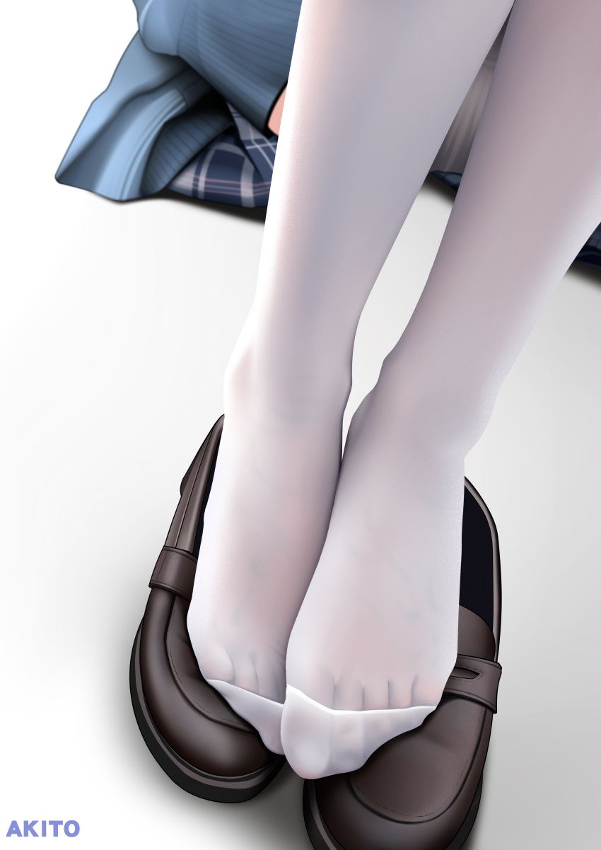 1girl absurdres aki_(1360505188) artist_name blue_sweater feet foot_focus highres legs_together long_sleeves no_shoes original pantyhose plaid plaid_skirt shoes shoes_removed simple_background sitting skirt solo sweater white_background white_pantyhose
