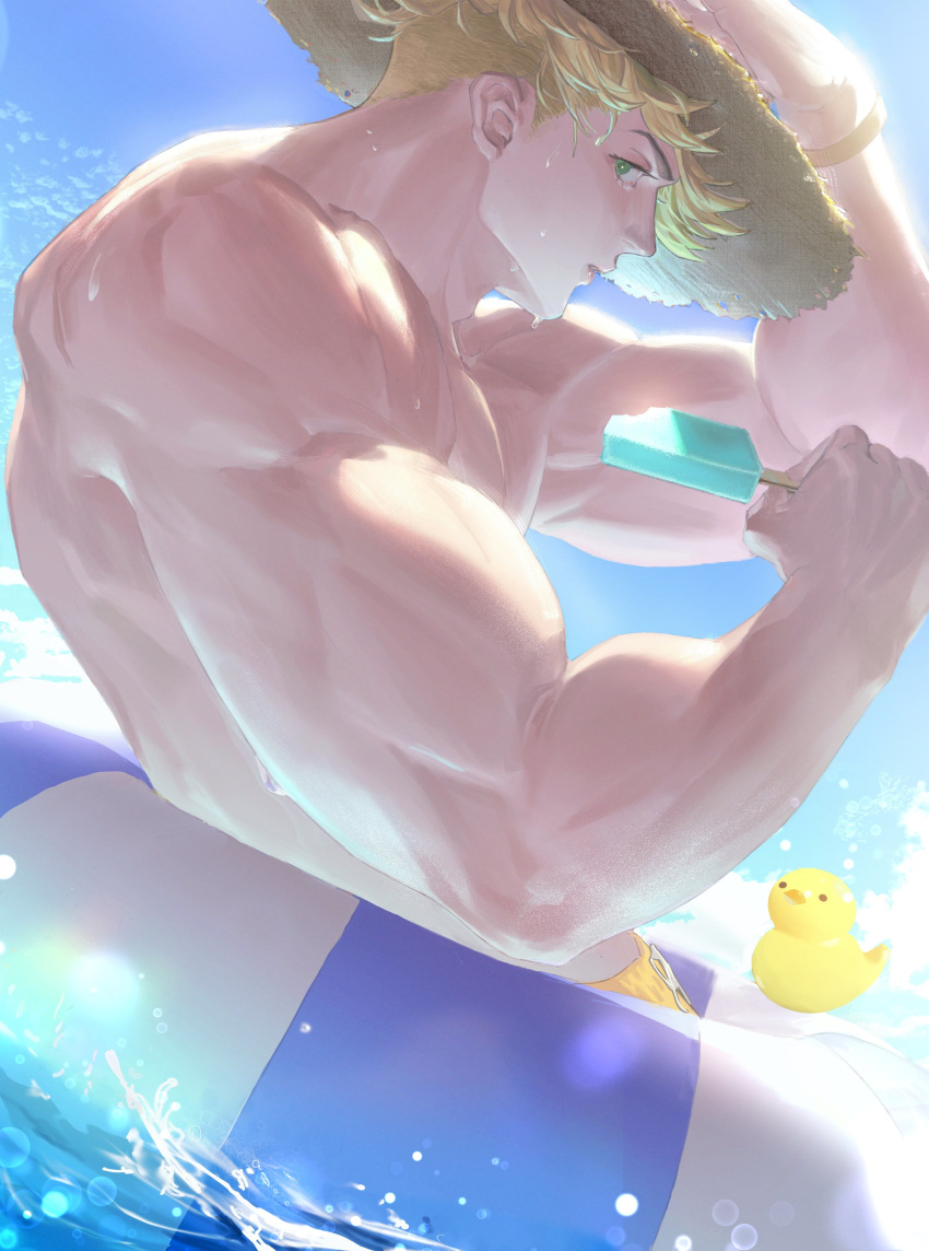 1boy absurdres bara blonde_hair closed_mouth cloud day food granblue_fantasy green_eyes hat highres holding holding_food holding_popsicle innertube kshbjb3bppui9om large_pectorals male_focus male_swimwear muscular muscular_male outdoors pectorals popsicle rubber_duck short_hair sky solo straw_hat vane_(granblue_fantasy) vane_(summer)_(granblue_fantasy) water yellow_male_swimwear