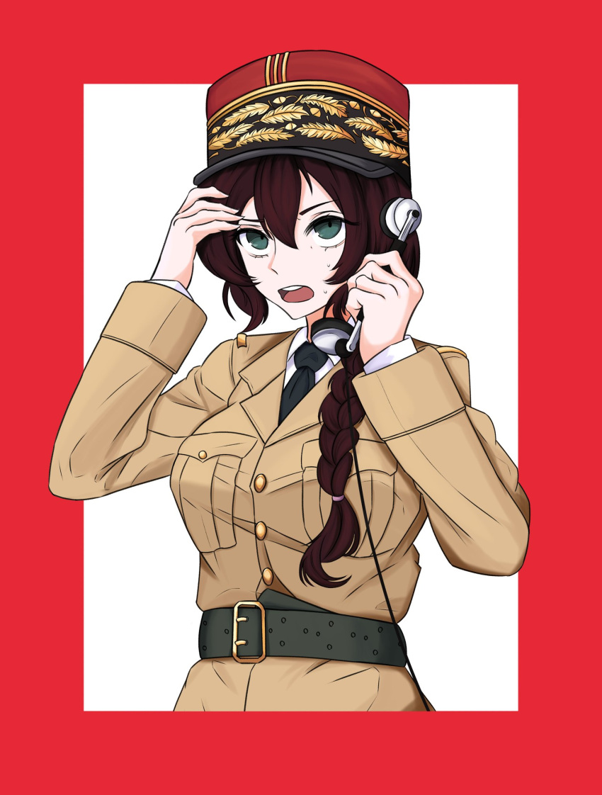 1girl antique_telephone belt black_belt black_necktie border braid breasts brown_hair epaulettes french_army green_eyes hat highres holding holding_phone kantele445 kepi leather_belt long_bangs long_braid long_hair medium_breasts military military_hat military_jacket military_uniform necktie open_mouth original parted_bangs phone profile red_border shirt simple_background solo solo_focus sweat sweatdrop uniform white_background world_war_ii worried
