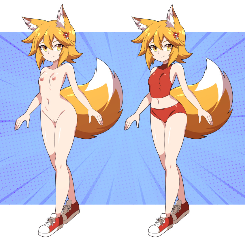 1girl absurdres abysswatchers animal_ear_fluff animal_ears arms_at_sides blonde_hair breasts buruma commission fox_ears fox_girl fox_tail full_body hair_ornament highres looking_at_viewer midriff navel nude pussy red_buruma senko_(sewayaki_kitsune_no_senko-san) sewayaki_kitsune_no_senko-san shoes short_hair small_breasts sneakers standing tail track_and_field track_uniform yellow_eyes