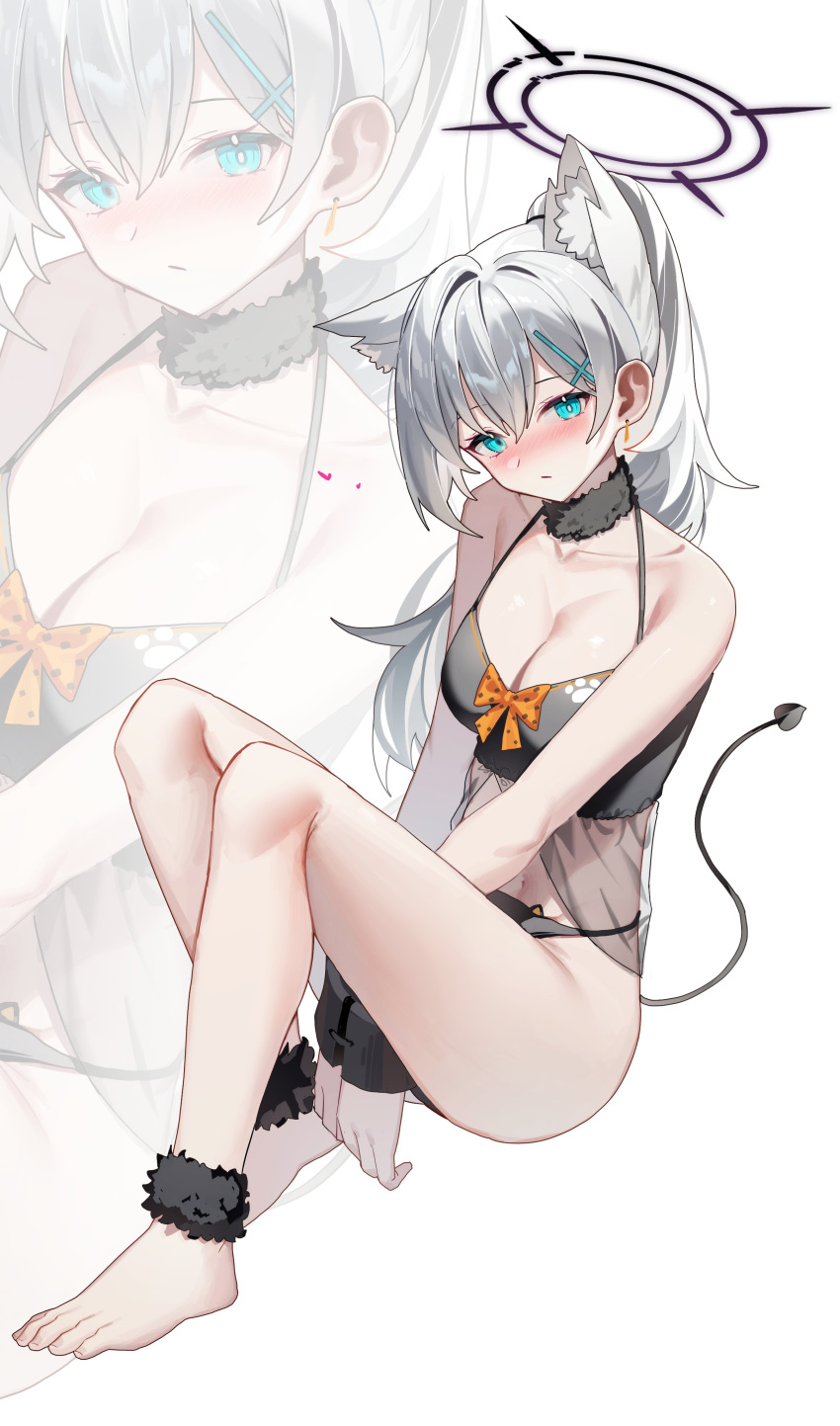1girl absurdres animal_ear_fluff animal_ears barefoot black_tail blue_archive blue_eyes blush breasts cleavage closed_mouth cross_hair_ornament dark_halo extra_ears grey_hair hair_between_eyes hair_ornament halloween halloween_costume halo highres large_breasts long_hair mismatched_pupils multiple_views navel shiroko_(blue_archive) shiroko_terror_(blue_archive) simple_background sugar_(dndi888) toes white_background wolf_ears zoom_layer