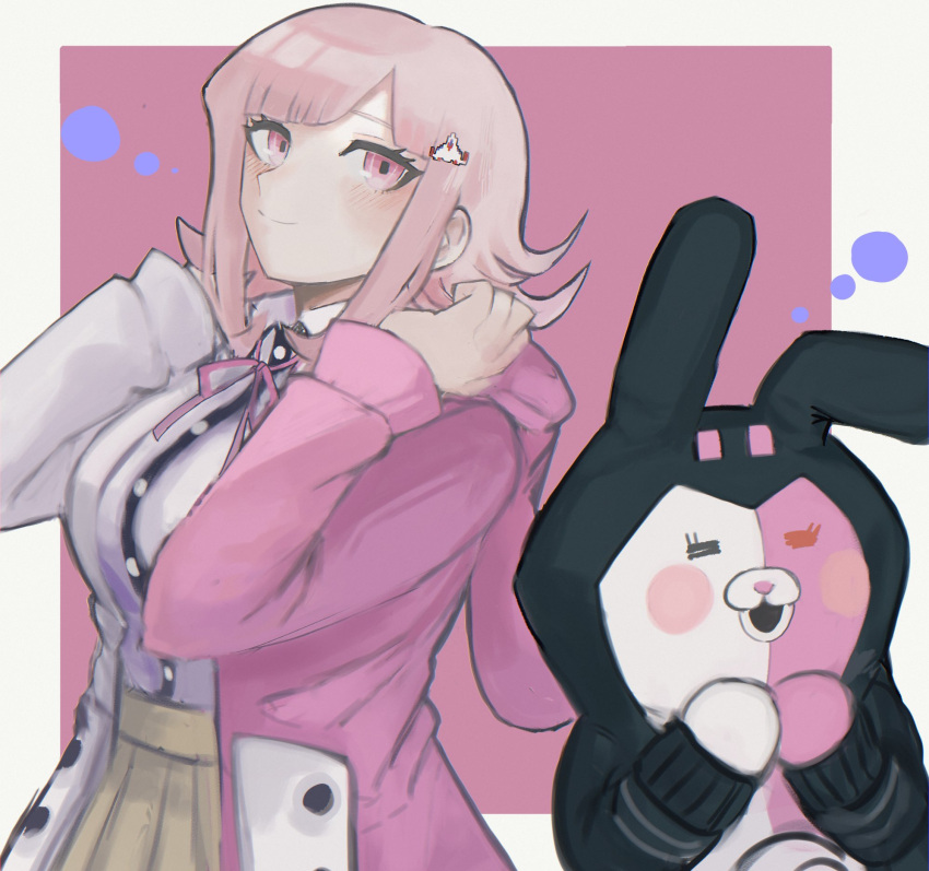 1girl :d animal_ears black_jacket black_shirt blush blush_stickers breasts brown_hair brown_skirt collared_shirt cowboy_shot danganronpa_(series) danganronpa_2:_goodbye_despair dress_shirt fake_animal_ears flipped_hair galaga hair_ornament hands_up happy highres hood hood_down jacket large_breasts medium_hair miniskirt monomi_(danganronpa) multicolored_clothes multicolored_jacket nanami_chiaki neck_ribbon pink_background pink_eyes pink_jacket pink_ribbon pleated_skirt ribbon shirt skirt smile two-tone_jacket two-tone_shirt white_background white_shirt yuni_ro