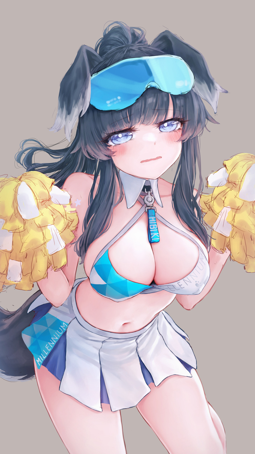 1girl absurdres animal_ears bare_shoulders black_hair blue_archive blue_eyes blue_skirt blush breasts cheerleader cleavage collarbone cowboy_shot crop_top dog_ears dog_girl dog_tail eyewear_on_head grey_background hair_between_eyes hibiki_(blue_archive) hibiki_(cheer_squad)_(blue_archive) highres holding holding_pom_poms large_breasts leaning_forward long_hair looking_at_viewer midriff millennium_cheerleader_outfit_(blue_archive) miniskirt navel necktie official_alternate_costume paid_reward_available pom_pom_(cheerleading) ponytail shirt sidelocks simple_background skirt sleeveless solo standing stomach tail thighs wakaba_(945599620) wavy_mouth white_skirt