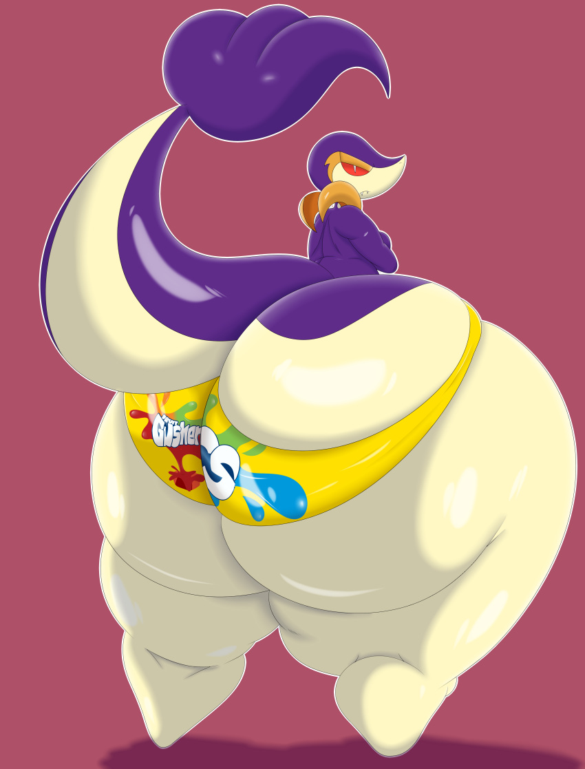 2023 absurd_res alternate_color anthro big_butt biped bloocherrypie bottom_heavy butt clothed clothing crossed_arms fan_character fangs frown fruit_gushers generation_5_pokemon grape_soda_(nya4) hi_res huge_butt huge_thighs hyper hyper_butt hyper_thighs ineffective_clothing looking_at_viewer looking_back looking_back_at_viewer low-angle_view male mostly_nude multicolored_body nintendo panties panties_only pink_background pokemon pokemon_(species) pupils purple_body raised_tail rear_view red_sclera simple_background slit_pupils snivy solo standing tail tan_body teeth thick_thighs tight_clothing tight_panties topless two_tone_body underwear underwear_only white_eyes