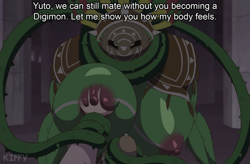 ajatarmon anthro areola bandai_namco big_breasts bodily_fluids bottomwear breast_grab breasts bulge clothed clothing digimon digimon_(species) digimon_ghost_game duo elemental_creature english_text erection erection_under_clothing female first_person_view flora_fauna genital_fluids green_body hand_on_breast hi_res huge_breasts human human_on_anthro interspecies kiffy_(artist) looking_at_viewer male male/female male_pov mammal mask nipples nude pants plant precum precum_through_clothing purple_areola purple_nipples tentacles text vine_tentacles wet wet_clothing yellow_eyes yuto_(digimon_ghost_game)