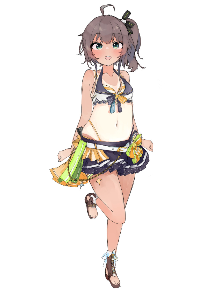 1girl absurdres adapted_costume ahoge arms_behind_back black_ribbon blush bow breasts brown_footwear brown_hair collarbone full_body green_eyes hair_ribbon highleg highleg_swimsuit highres hololive hololive_summer_2023_swimsuit looking_at_viewer natsuiro_matsuri navel official_alternate_costume one-piece_tan open_mouth orange_bow ribbon sandals side_ponytail sidelocks simple_background small_breasts solo standing standing_on_one_leg suzu_coconatu swimsuit tan tanlines thighs toes white_background